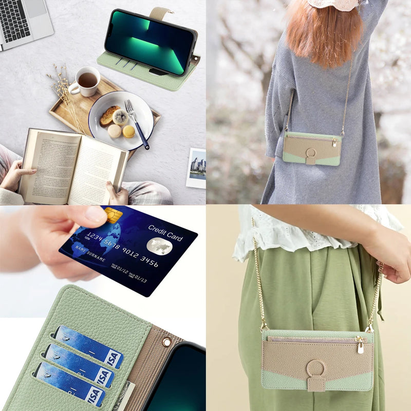 Soft PU Bolsa Carteira de Couro com Espelhos Cadeia, Capa Titular do Cartão, iPhone 14, 13, 12, 11, XR, XS, Max, X-XS, Pro Plus, 6-6S, 7 a 8, CI2