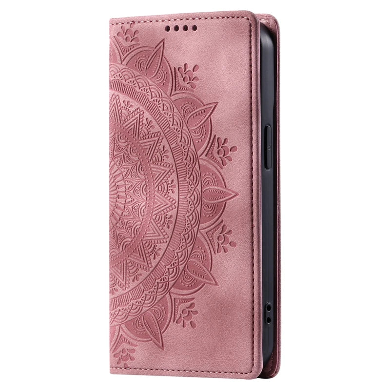 Capa de couro mandala magnética para iPhone 11, 12, 13, 14, 15