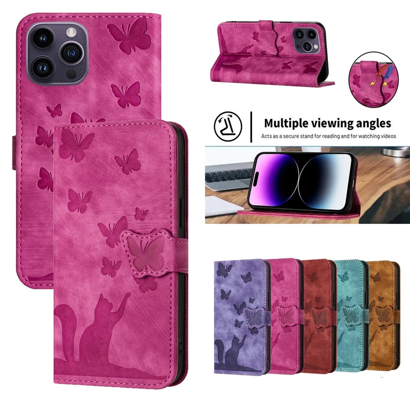 Capa de telefone bonito gato e borboleta, capa de couro, iPhone 12, 14, 14, 15, Pro Max,