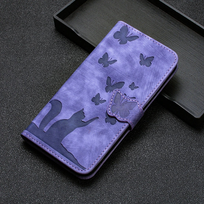 Capa de telefone bonito gato e borboleta, capa de couro, iPhone 12, 14, 14, 15, Pro Max,