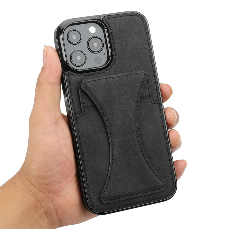 Capa de couro luxuosa para iPhone, tampa traseira flip, suporte de cartão, suporte magnético 12, 13, 14, 15