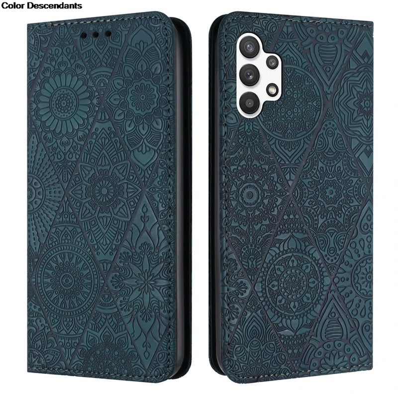 Caixa de telefone de couro magnético, retro Embossing Flip Wallet, tampa traseira para Samsung Galaxy A12, A22, A42, M32, F22, M22, A21S