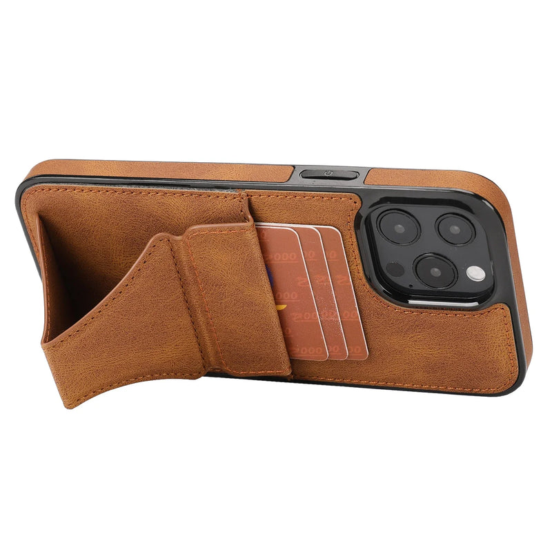 Capa de couro luxuosa para iPhone, tampa traseira flip, suporte de cartão, suporte magnético 12, 13, 14, 15