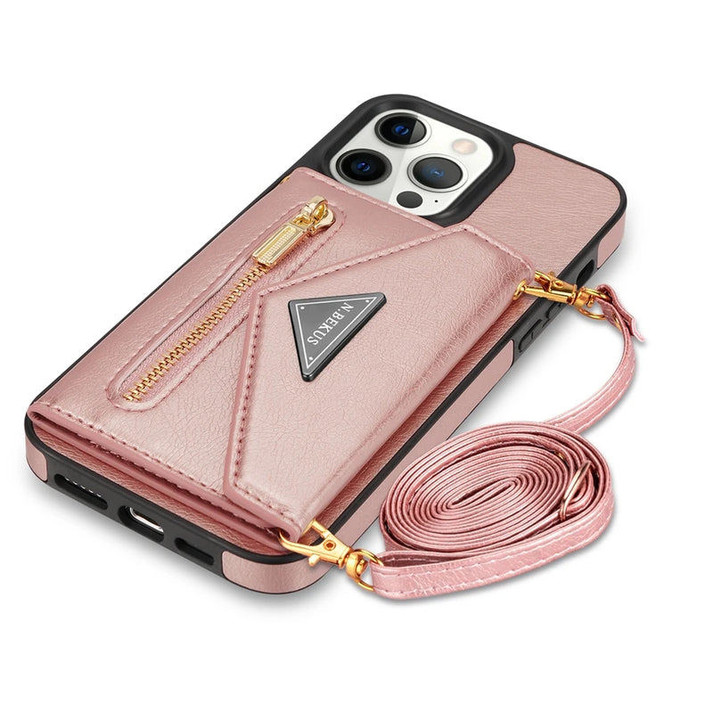 Capa de Couro Crossbody para iPhone, Carteira de Cartão Lateral, Zipper Flip, iPhone 11, 12, 13, 14, 15