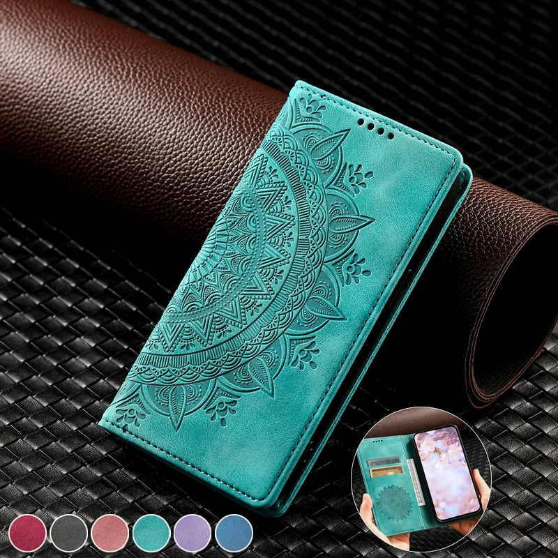 Capa de couro mandala magnética para iPhone 11, 12, 13, 14, 15