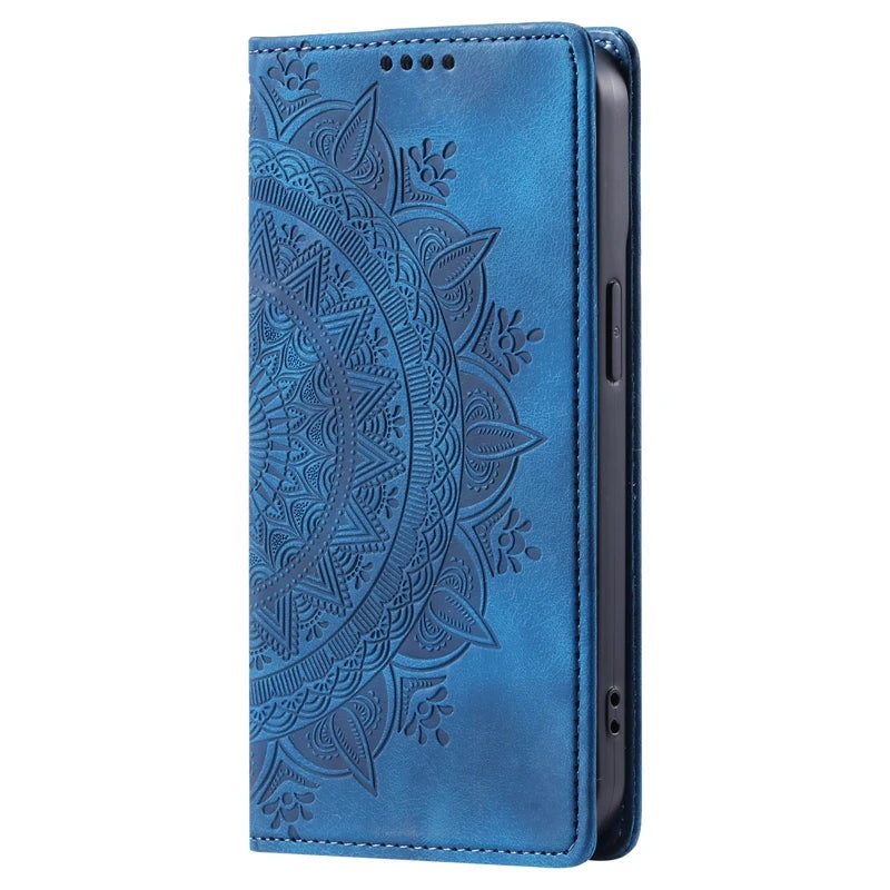 Capa de couro mandala magnética para iPhone 11, 12, 13, 14, 15