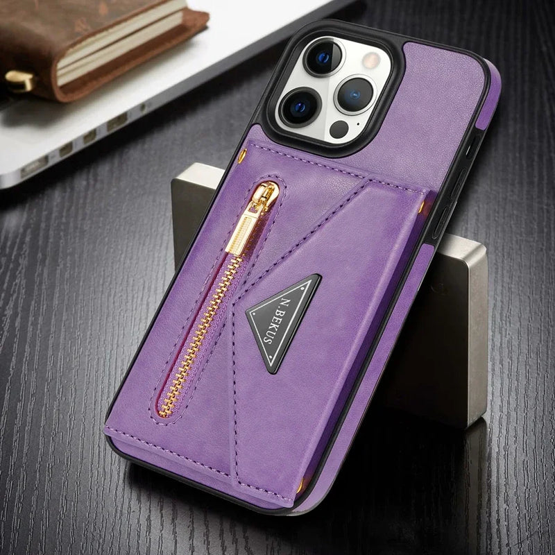 Capa de Couro Crossbody para iPhone, Carteira de Cartão Lateral, Zipper Flip, iPhone 11, 12, 13, 14, 15