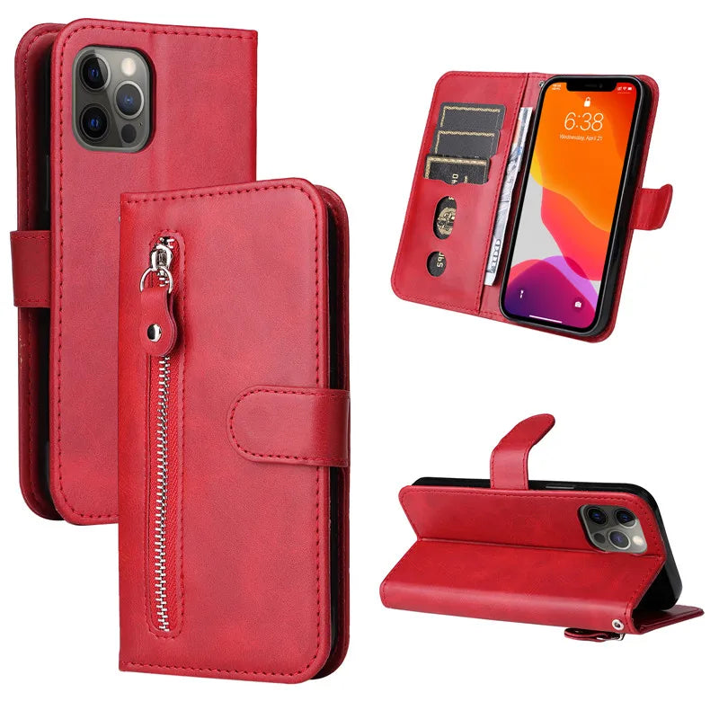 Capa de couro magnética flip para Samsung Galaxy, tampa do saco do telefone carteira, slot para cartão, zíper, A14, A24, 4G, A04, A04E, A04s, A34, A54, 5G