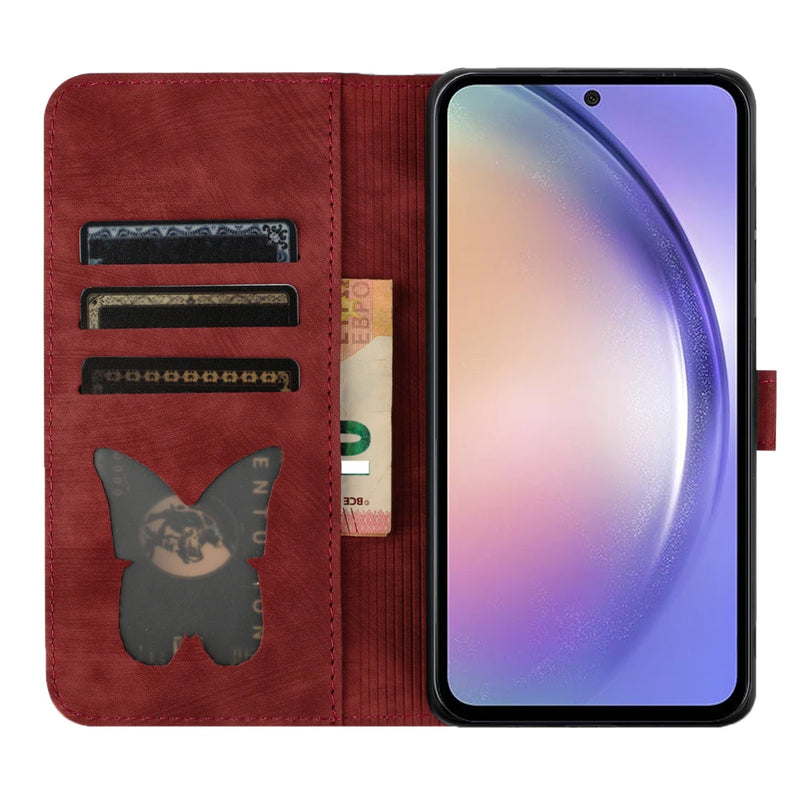 Capa de telefone bonito gato e borboleta, capa de couro, iPhone 12, 14, 14, 15, Pro Max,