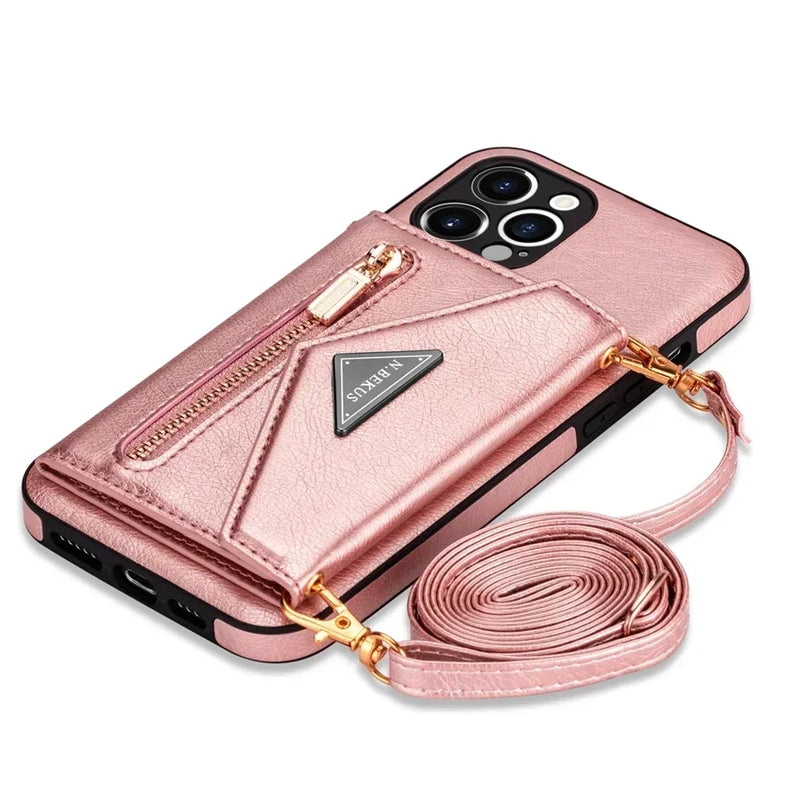 Capa de Couro Crossbody para iPhone, Carteira de Cartão Lateral, Zipper Flip, iPhone 11, 12, 13, 14, 15