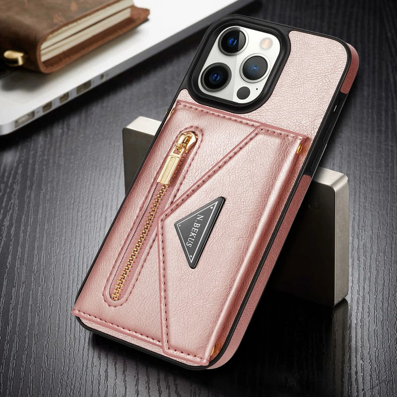 Capa de Couro Crossbody para iPhone, Carteira de Cartão Lateral, Zipper Flip, iPhone 11, 12, 13, 14, 15