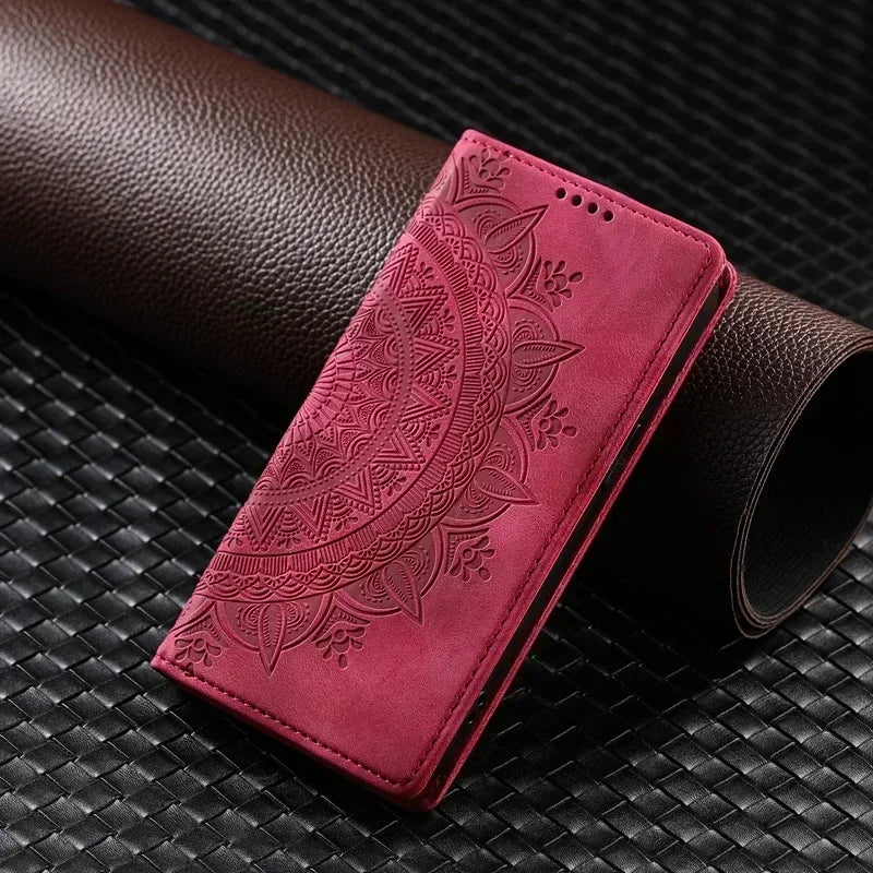 Capa de couro mandala magnética para iPhone 11, 12, 13, 14, 15