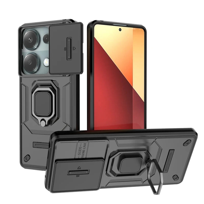 Armor Slide Camera Lens Proteção Capa, Anel Stand Cases para Xiaomi Redmi Note 13 Pro, 4G