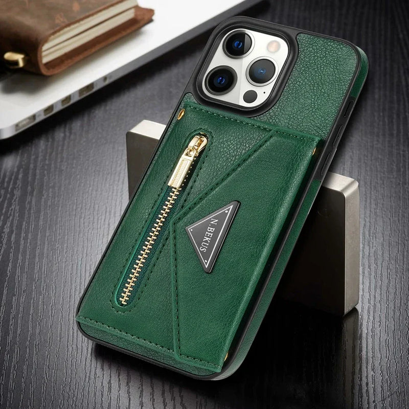 Capa de Couro Crossbody para iPhone, Carteira de Cartão Lateral, Zipper Flip, iPhone 11, 12, 13, 14, 15