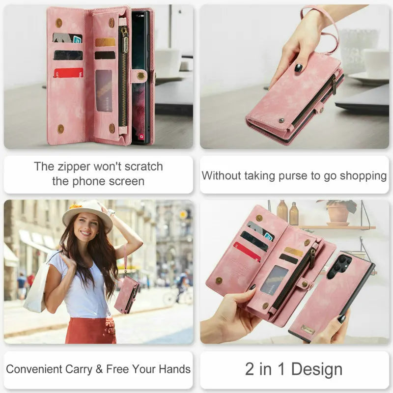 CaseMe-Carteira de couro Zipper Strap, Estojo para cartão Samsung S23, Galaxy A12, A13, A52, A34, A53, Nota 20, 10, A54, 5G