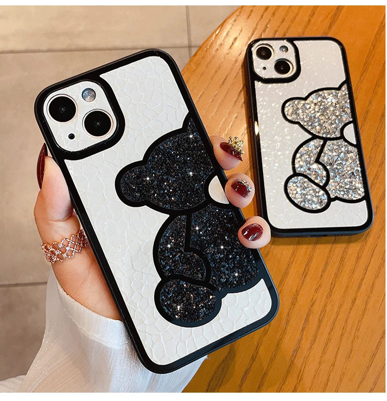 Capa macia de couro bonito coreano glitter bear para iphone  XS, XR, X, 11, 12, 13, 14