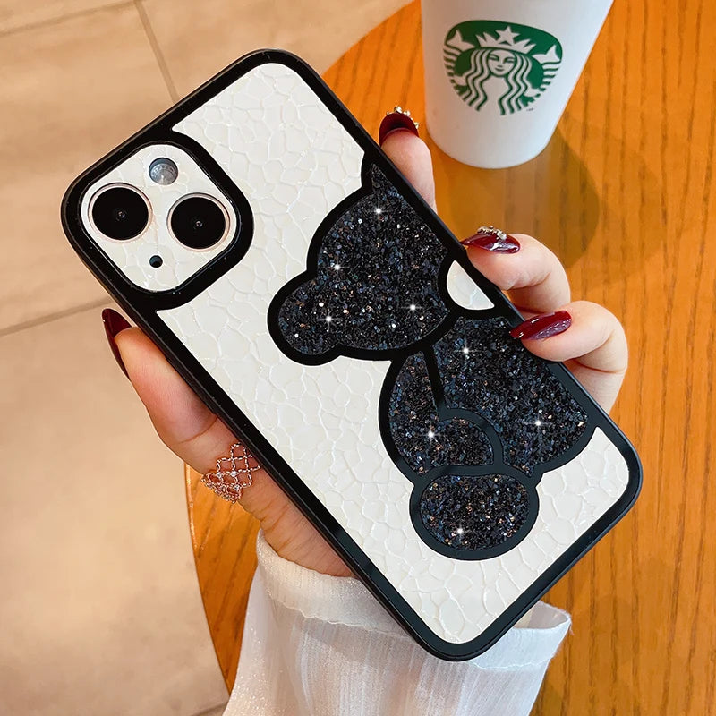 Capa macia de couro bonito coreano glitter bear para iphone  XS, XR, X, 11, 12, 13, 14