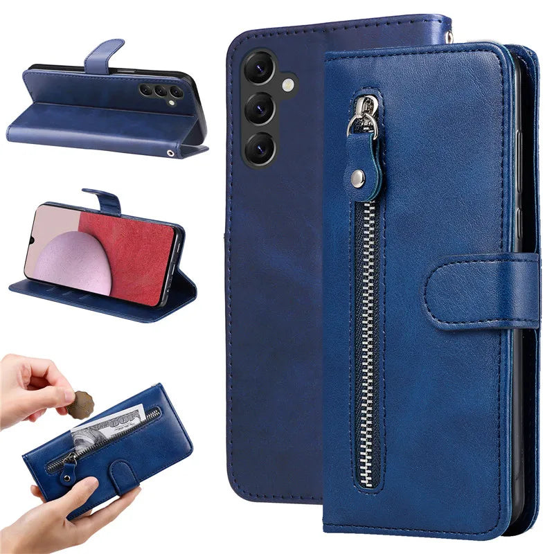 Capa de couro magnética flip para Samsung Galaxy, tampa do saco do telefone carteira, slot para cartão, zíper, A14, A24, 4G, A04, A04E, A04s, A34, A54, 5G