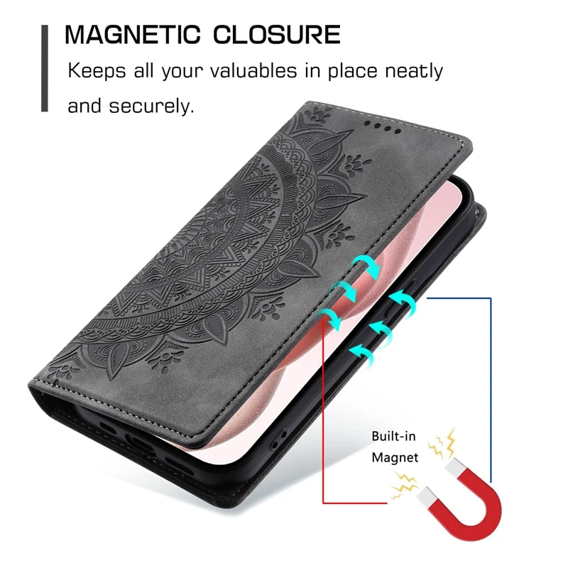 Capa de couro mandala magnética para iPhone 11, 12, 13, 14, 15