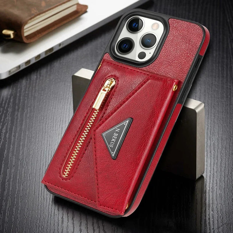 Capa de Couro Crossbody para iPhone, Carteira de Cartão Lateral, Zipper Flip, iPhone 11, 12, 13, 14, 15